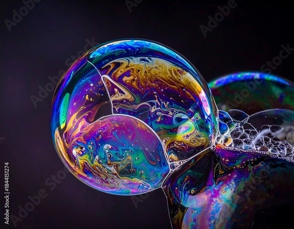 Fototapeta Close-up of soap bubbles with iridescent colors and reflections