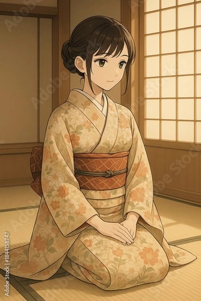 Obraz 和室の畳の上で正座する着物姿の女性を描いた和風アニメイラスト