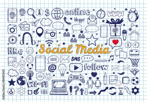 Fototapeta Social Media icons set. Vector hand drawn isolated objects. Doodle and sketch style .