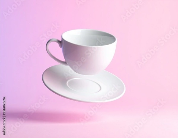 Fototapeta Mock up on white ceramic teacup and saucer floating in a vibrant pink and purple gradient setting, capturing a modern sense of weightlessness and minimalist design