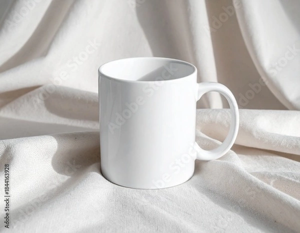 Fototapeta Blank white ceramic mug on a crumpled fabric background, perfect for custom designs and branding mock up