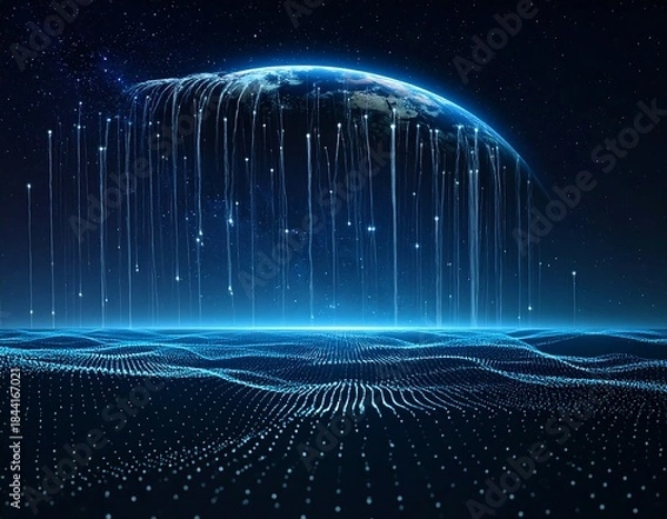 Fototapeta Digital Earth with data streams cascading into a networked ocean