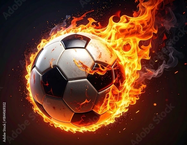 Fototapeta Digitally created flaming soccer ball, surrounded by fire and smoke