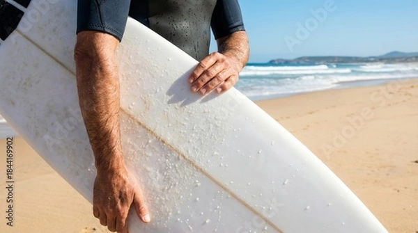 Obraz Close-up of a surfer holding a white surfboard with wax, outdoor beach background, summer hobby lifestyle concept, clear sky and ocean view. Ai generative