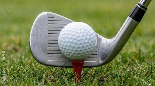 Obraz Close-up view of a golf club and ball placed on a red tee in fresh green grass, sharp focus with blurred background, concept of sports hobby. Ai generative