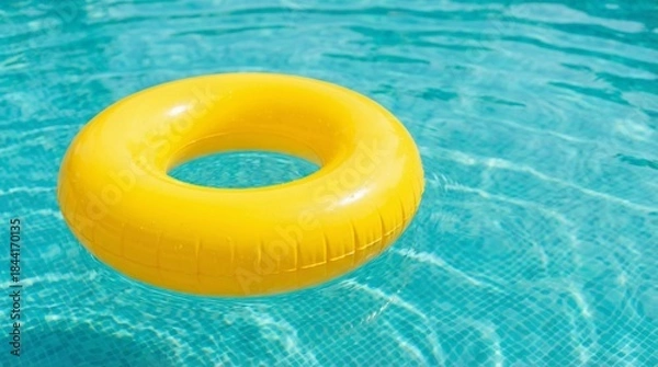 Obraz Yellow inflatable ring floating in a clear blue swimming pool, realistic style, aquatic background, concept of summer relaxation and fun hobby. Ai generative