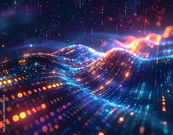 Fototapeta Digital wave formed by code and light particles in deep space