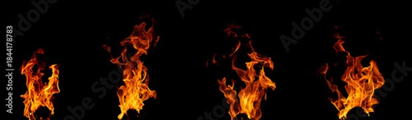 Fototapeta Collection of burning torch flames isolated on black background. Different burning effects. Flames in the night sky. 
