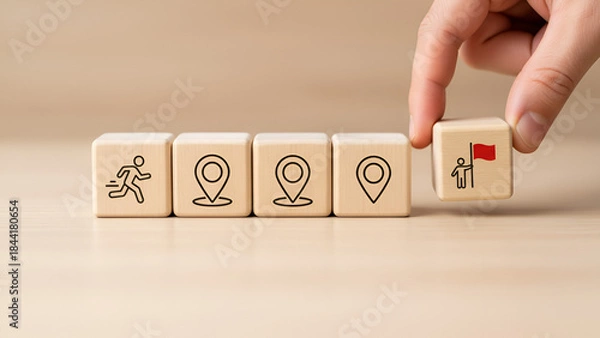 Fototapeta Wayfinding and location concepts with wooden blocks — map icons and planning idea

