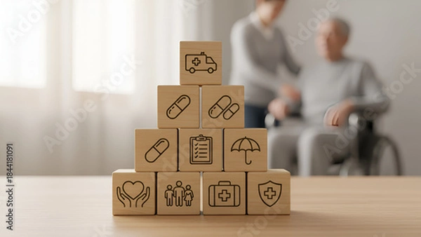 Fototapeta Stacked wooden blocks with icons — teamwork, collaboration, and modular design concept

