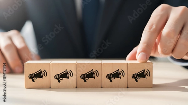 Fototapeta Megaphone Icon Block: Hand Placing Marketing/Announcement Theme on Tiered Wooden Blocks
