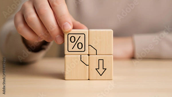 Fototapeta Discount and Download: Wooden Blocks with Percentage Sign and Download Icon for Finance and Data Campaigns
