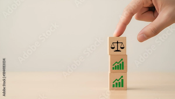 Fototapeta Growth Blocks: Stacked Wooden Blocks with Green Growth Icons for Business Metrics
