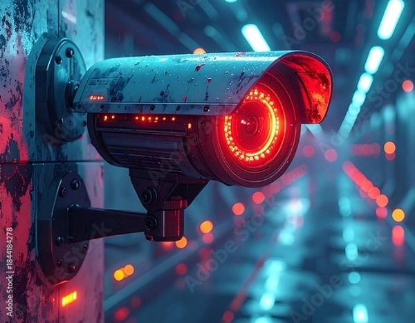 Fototapeta Futuristic security camera with red glow, installed in a dark passageway