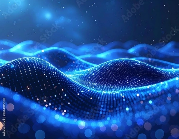 Fototapeta Glowing digital wave pattern with blue and gold light particles