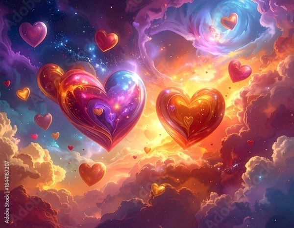 Fototapeta Glowing hearts float amidst celestial clouds