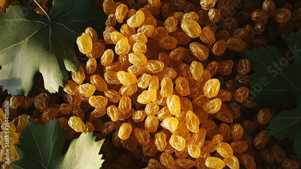 Obraz gold raisins with grape leaves, snack, food