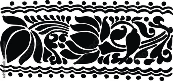 Fototapeta Intricate black and white floral border design with stylized organic patterns