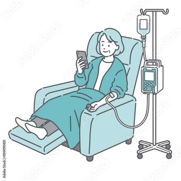 Obraz リクライニングチェアで点滴中にスマホを見る高齢女性（透析・化学療法・輸液ポンプ）