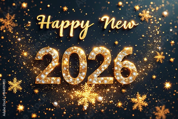 Fototapeta Happy New 2026 Festive Greeting: Shiny Metallic Numeric Digits with Pearls, Snowflakes, and Sparkling Glitters on Dark Background for Luxurious New Year's Eve Cards, Party Poster, Holiday Banner