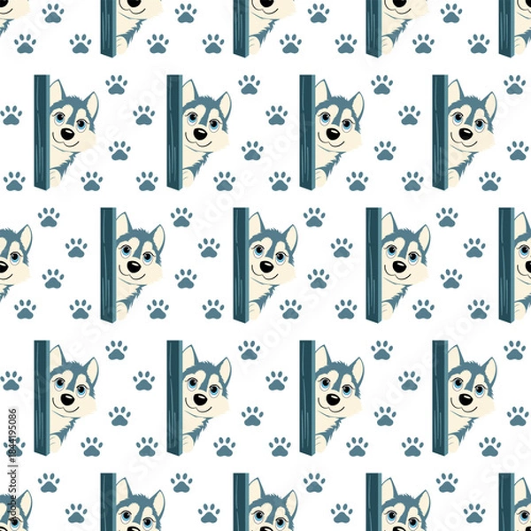 Obraz Cute husky dog seamless pattern with paws.