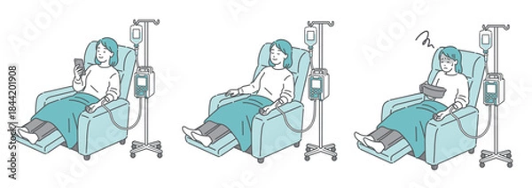 Obraz リクライニングで点滴を受ける女性の3点セット（スマホ・睡眠・吐き気）