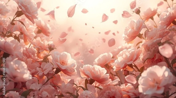 Obraz Dreamy Pink Peony Garden with Falling Petals and Soft Sunlight.