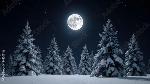 Fototapeta Winter Night Forest with Snow and Moonlit Silhouettes Under Starry Sky