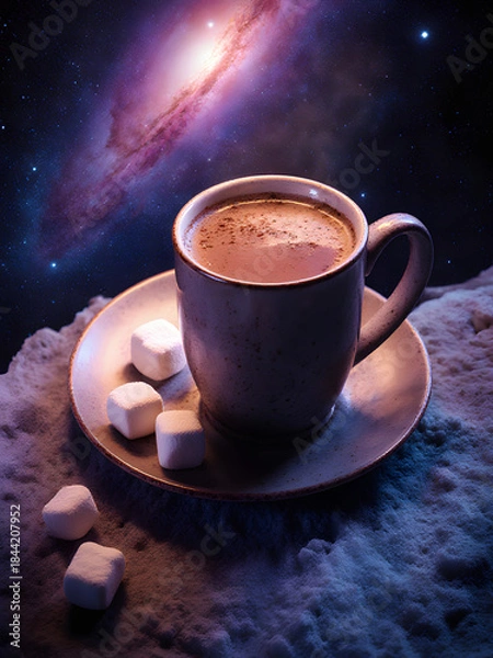Fototapeta Cosmic Coffee Adventure: Galaxy Cup with Marshmallows and Stars for a Surreal Winter Night