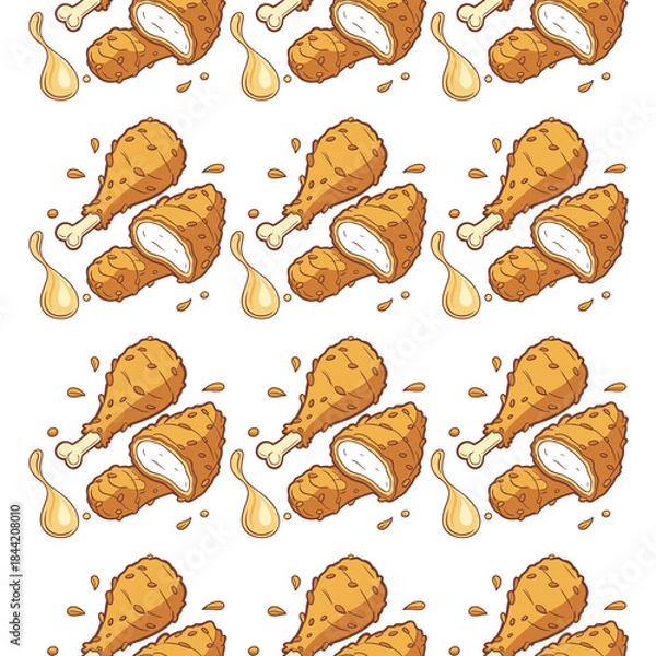 Obraz Seamless fried chicken drumstick pattern with sauce splashes on transparent.
