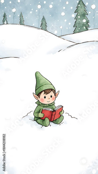 Fototapeta Cute Elf Child Reading Book in Enchanting Winter Forest Illustration