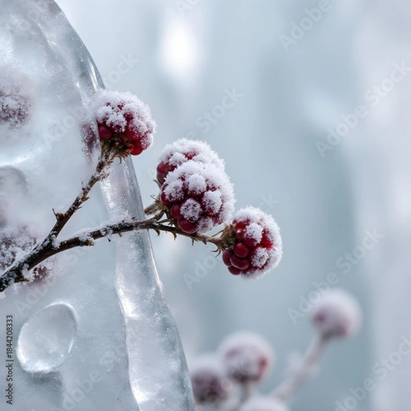 Fototapeta Icy Red Berries on Frosted Branch in Winter: Macro Nature Photography 