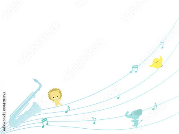 Obraz サックスと音符と動物たちのイラスト