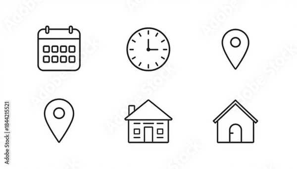 Fototapeta Time, date and address icon set. Calendar, clock, location and map