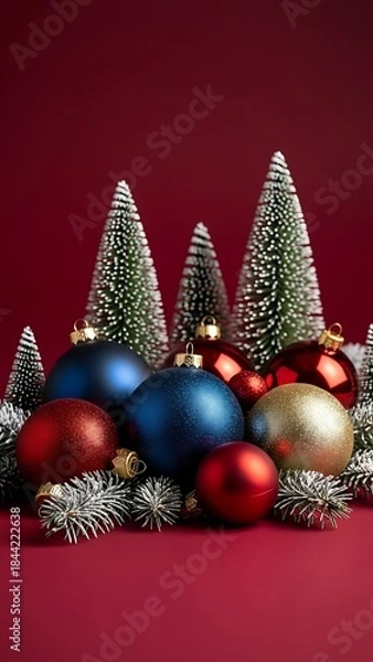 Fototapeta Christmas ornaments and miniature trees for holiday celebration, festive red background