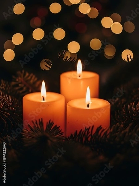 Fototapeta Three lit candles with pine branches for holiday celebration and festive atmosphere, dark bokeh background