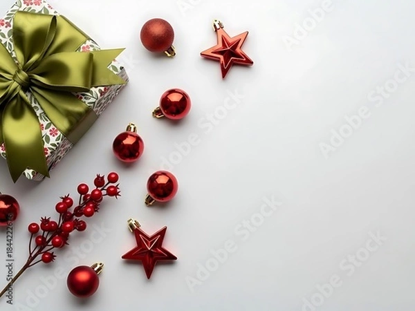 Fototapeta Christmas gift box with red ornaments and berries for holiday celebration, white background flat lay