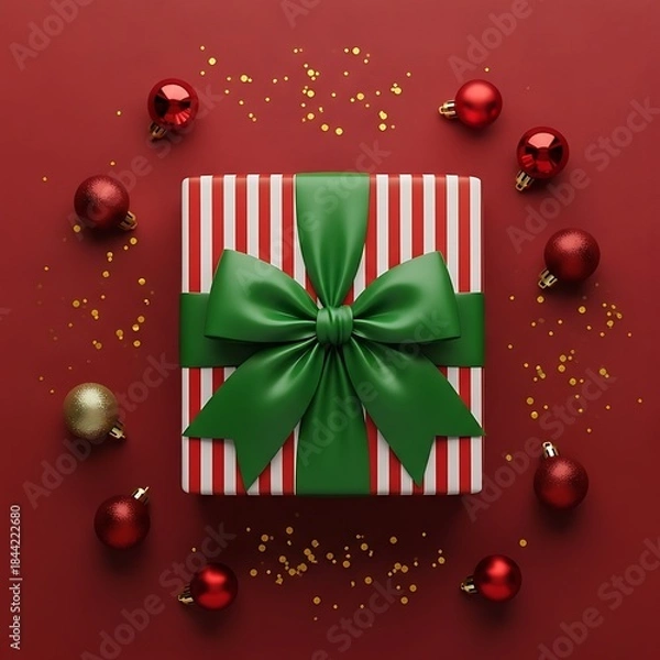 Fototapeta Christmas gift box with red and white stripes and green ribbon, surrounded by festive ornaments on a red bac