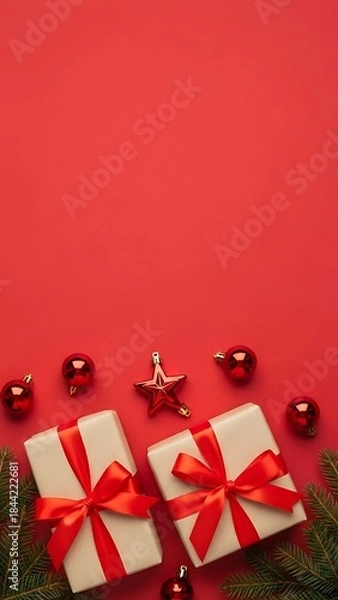 Fototapeta Christmas gifts and ornaments arranged on red background for holiday celebration, festive flat lay