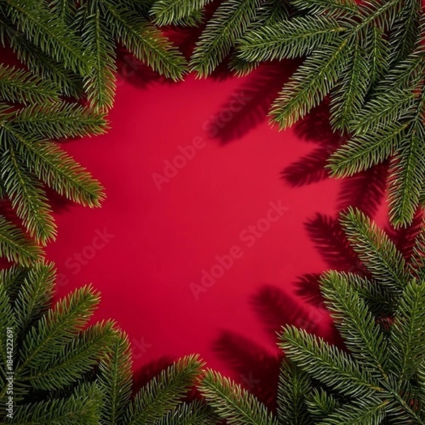 Fototapeta Christmas background with fir branches and red copy space for holiday design, festive frame