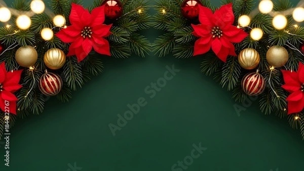 Fototapeta Festive Christmas Garland: A captivating composition features a vibrant garland adorned with bright poinsettias, shimmering ornaments, and twinkling lights, evoking warmth and joy. 