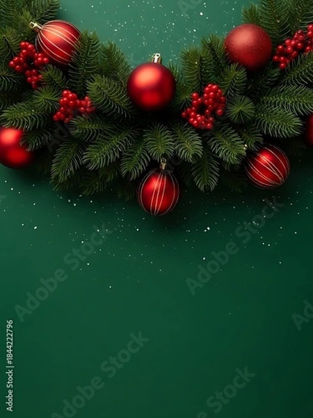 Fototapeta Festive Wreath on Green: A beautifully adorned wreath with red ornaments, berries, and evergreen foliage. Perfectly capturing the spirit of winter holiday on green background.