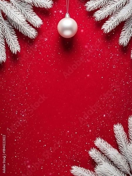 Fototapeta Festive Embellishments:  A top-down composition captures the holiday spirit with pristine white-coated pine branches gracefully framing the edges.