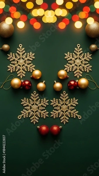 Fototapeta Festive Ornament Arrangement: A charming composition of holiday ornaments, twinkling lights, and golden snowflakes on a rich emerald background evoke the joy and spirit of the season.