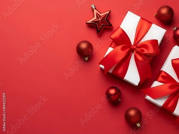 Fototapeta Gift of Celebration: A festive arrangement of elegantly wrapped gift boxes adorned with luxurious ribbons and complementary decorations, setting a vibrant scene of delight.