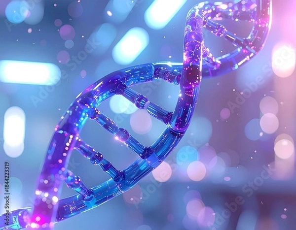 Fototapeta Macro Glowing Blue DNA Double Helix in Futuristic Lab
