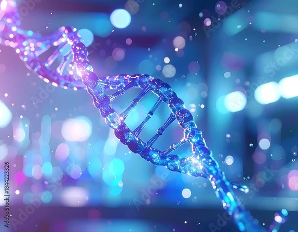 Fototapeta Macro Glowing Blue DNA Double Helix in Futuristic Lab