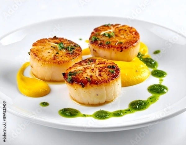 Fototapeta Minimalist Fine Dining Seared Scallops with Herb Oil and Puree