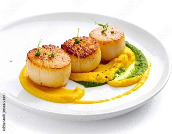 Fototapeta Minimalist Fine Dining Seared Scallops with Herb Oil and Puree
