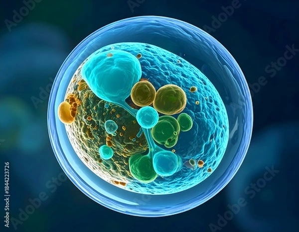 Fototapeta Microscopic Human Cell Structure with Glowing Organelles